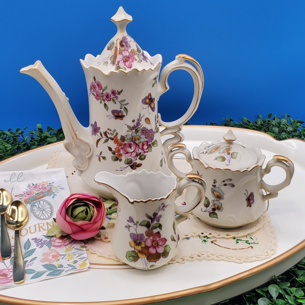 Lefton Ceramic Teapot Set-Spring Bouquet Butterflies #685 W/Sugar and Creamer
